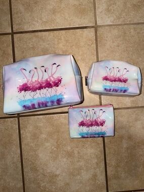 CATSEYE LONDON PINK & BLUE FLAMINGO COSMETICS BAG BUNDLE-CASE POUCH LINED ZIPPER